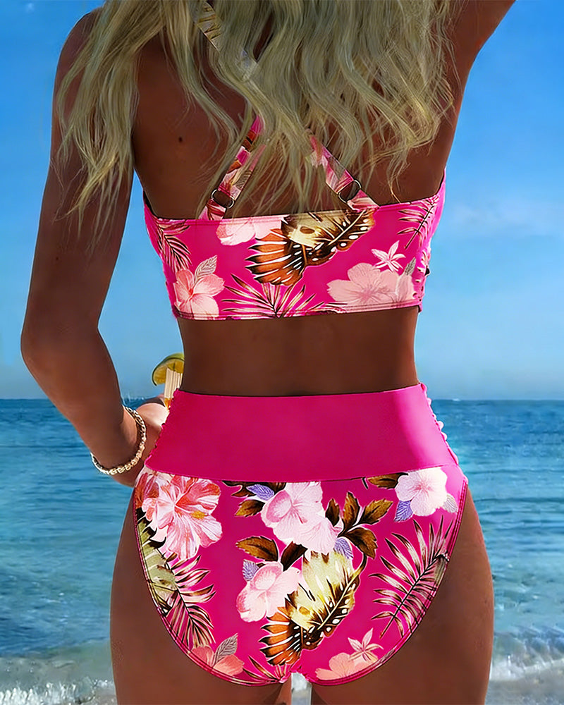 Bikini with Contrasting Floral Pattern and Slit