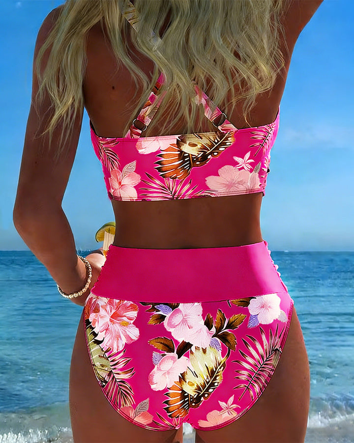 Bikini with Contrasting Floral Pattern and Slit
