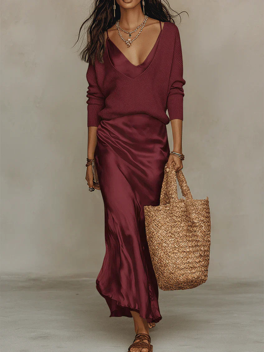 SVEA | Satin-Kleid & Feinstrick-Set