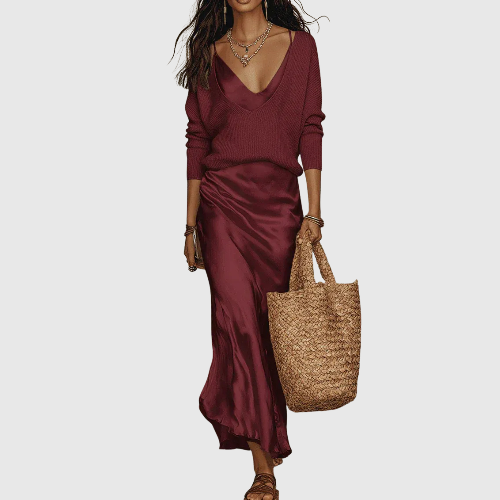Eleanor – Satin Midi Dress with Matching Knit