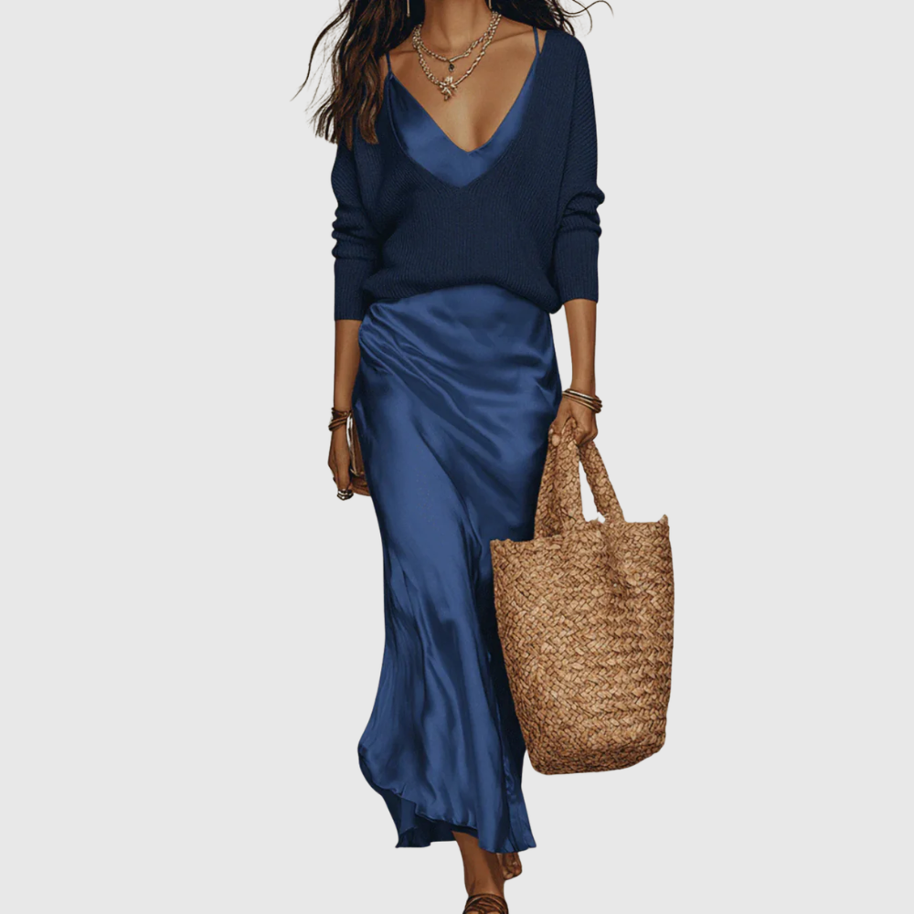 Eleanor – Satin Midi Dress with Matching Knit