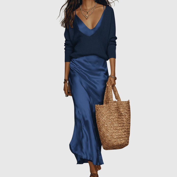 Eleanor – Satin Midi Dress with Matching Knit