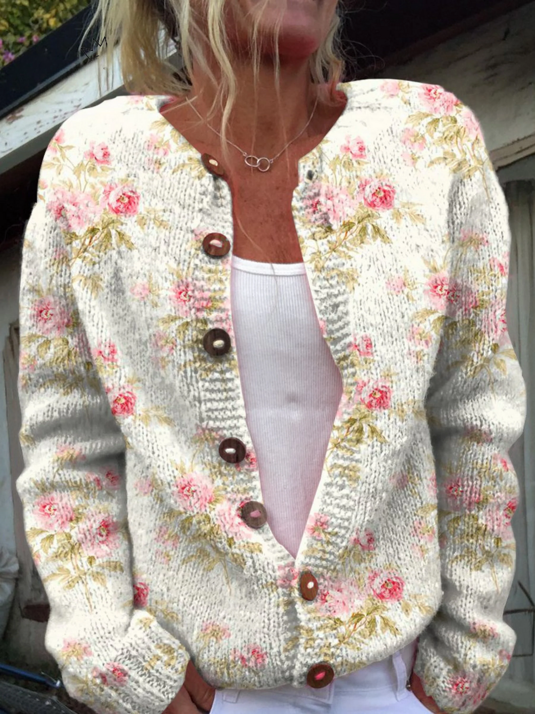 SVEA | Cardigan-Pullover mit Rosa Blumen und Grünen Blättern