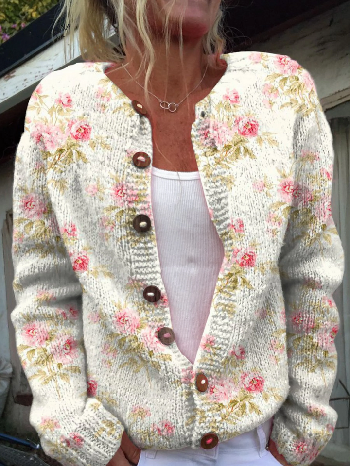 SVEA | Cardigan-Pullover mit Rosa Blumen und Grünen Blättern