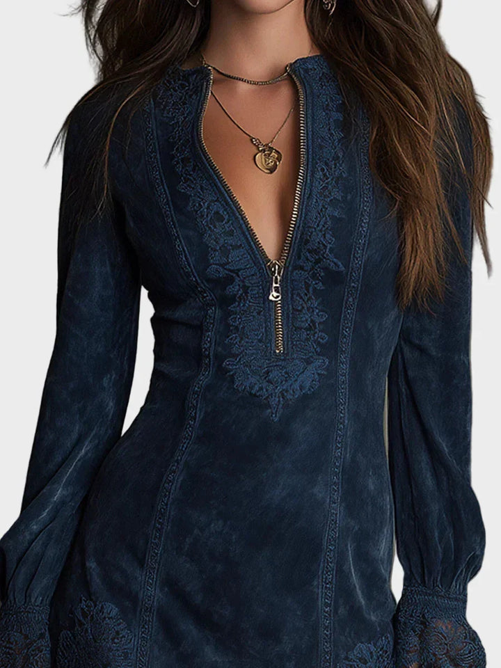 Jasmine – Blue Suede Mini Dress with Lace