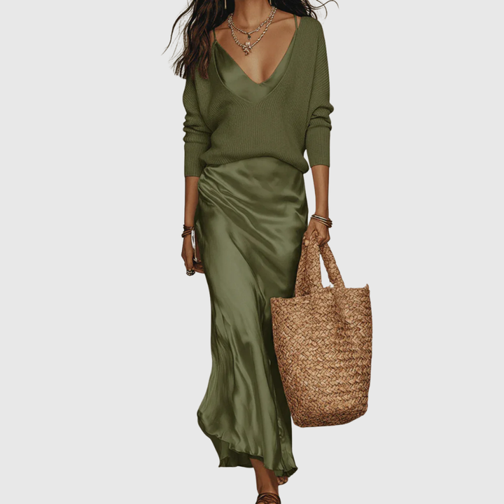 Eleanor – Satin Midi Dress with Matching Knit