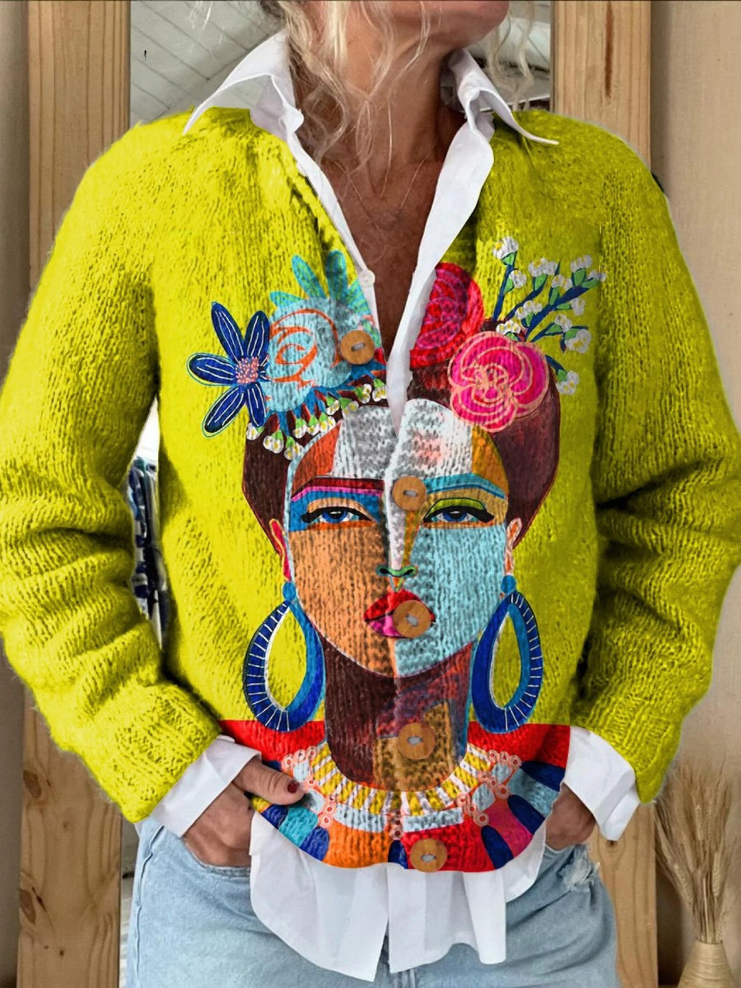 SVEA | Cardigan-Pullover mit Ölgemälde-Porträtdruck