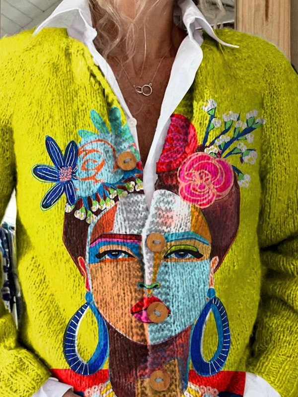 SVEA | Cardigan-Pullover mit Ölgemälde-Porträtdruck