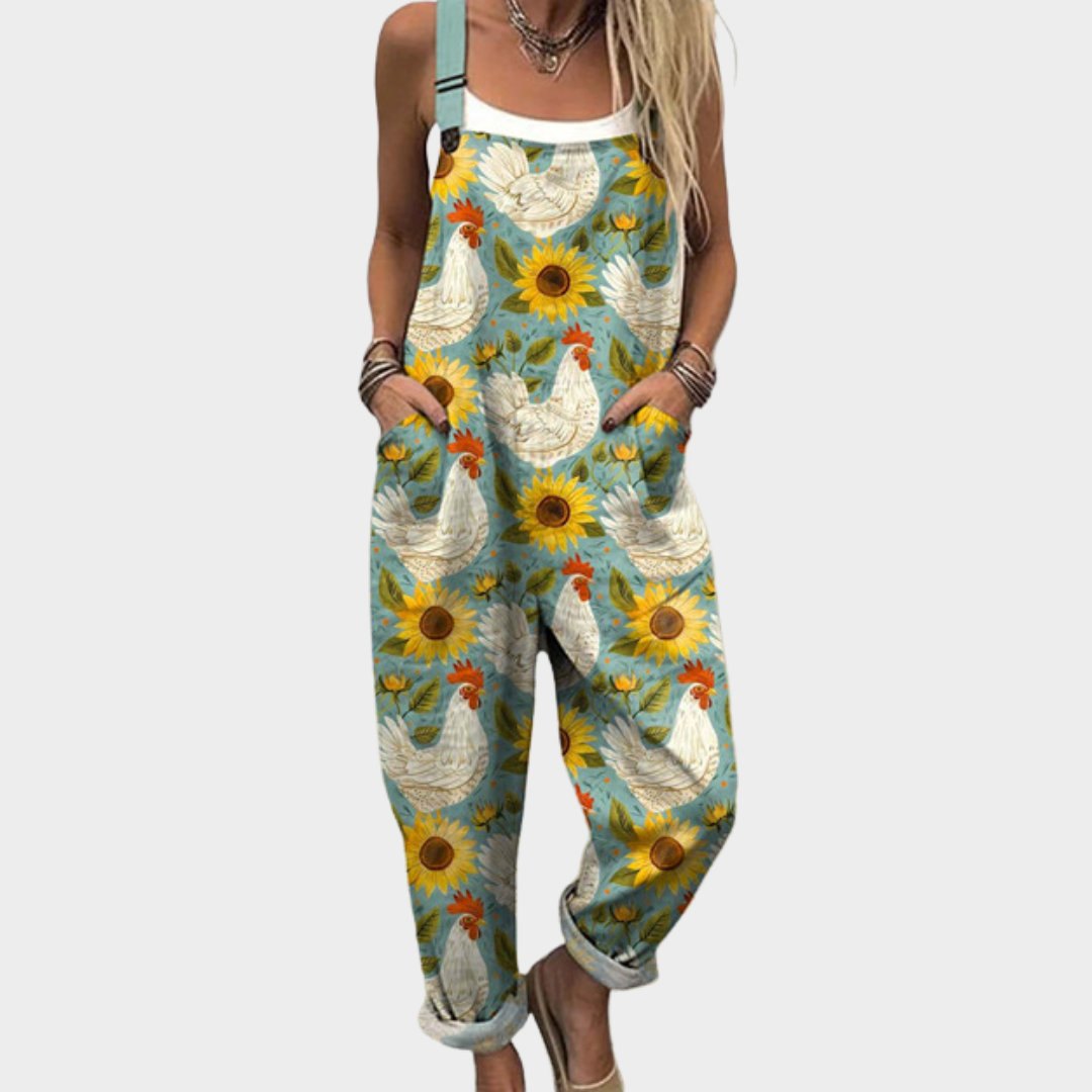 Latzhose mit Sonnenblumen und Hühnern