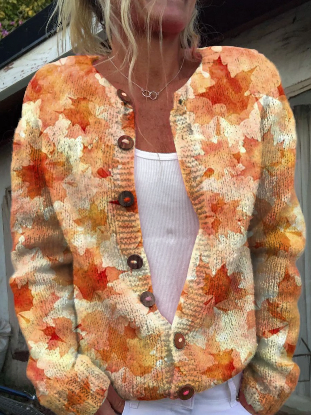Ahornblatt Herbst Kunstdruck | Knopf-Cardigan Pullover