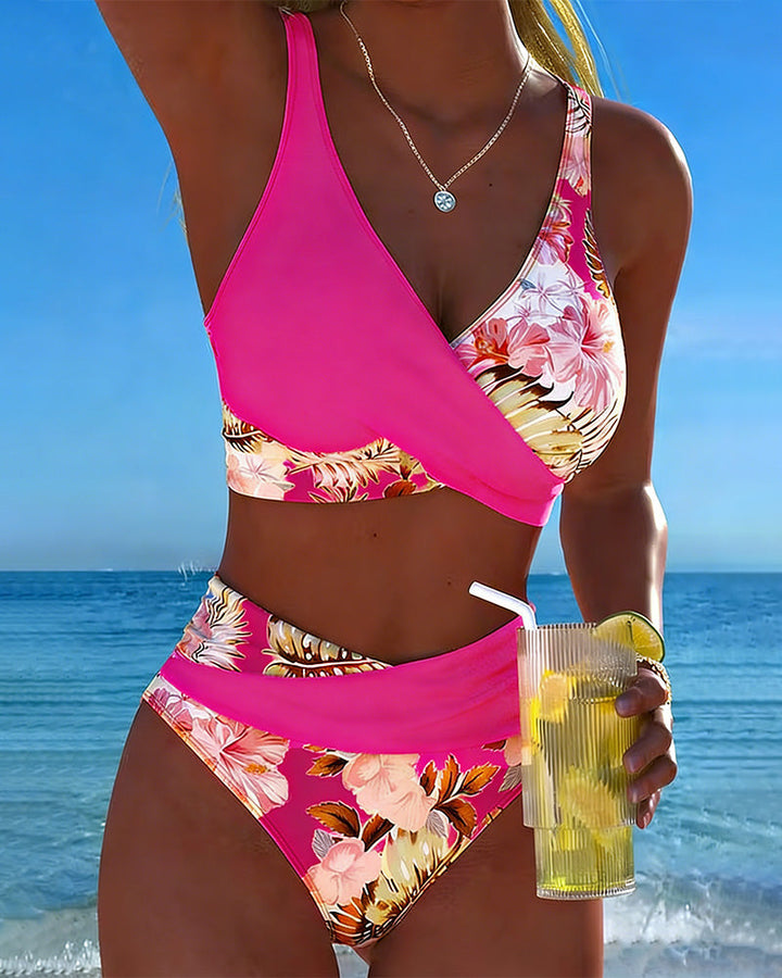 Bikini with Contrasting Floral Pattern and Slit