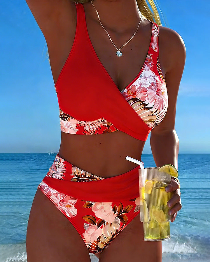 Bikini with Contrasting Floral Pattern and Slit