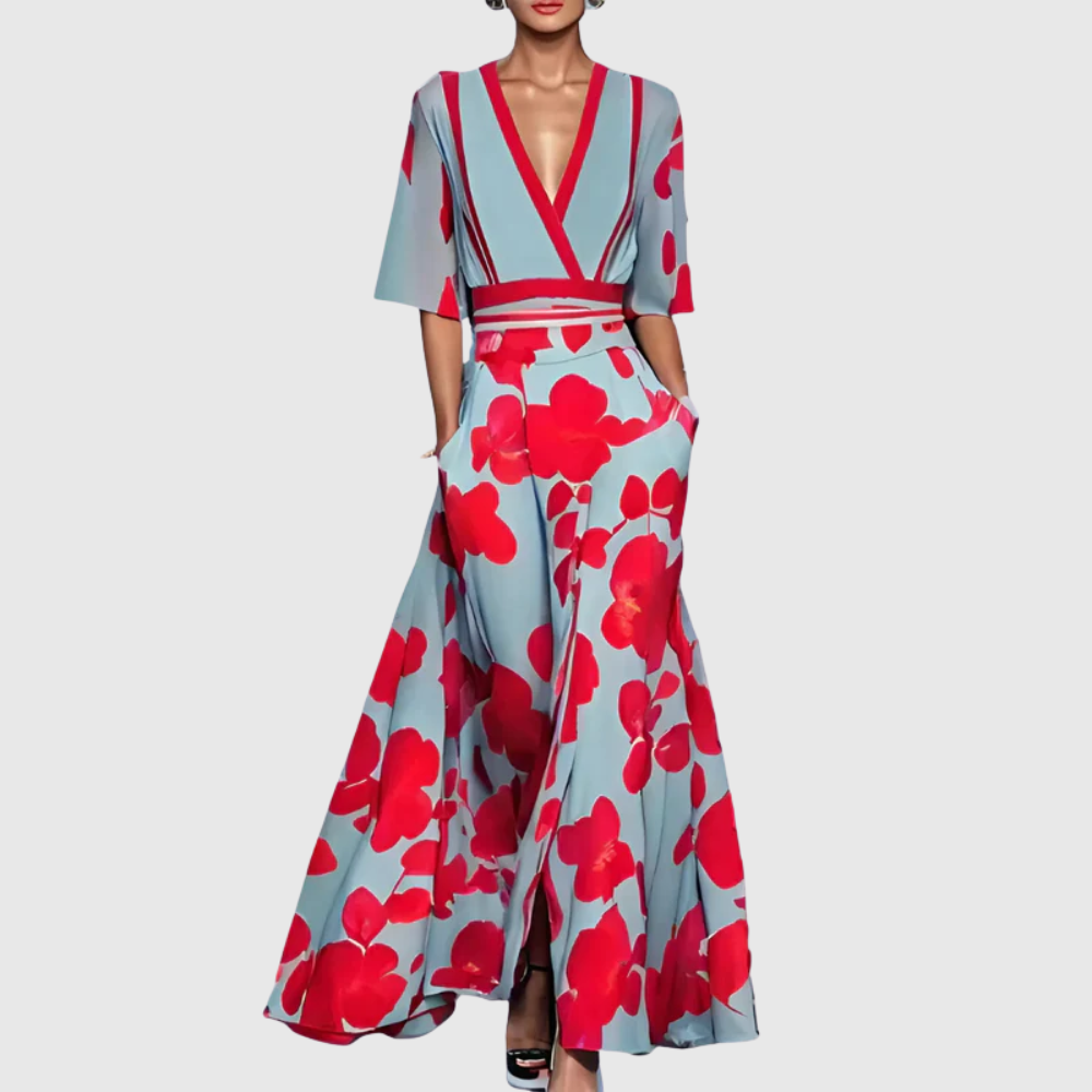 Valentina – Elegant Floral Deep V Maxi Dress