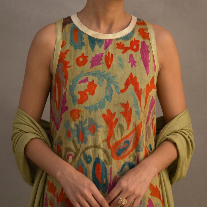 Daniela - Long floral dress with a fitted waistcoat
