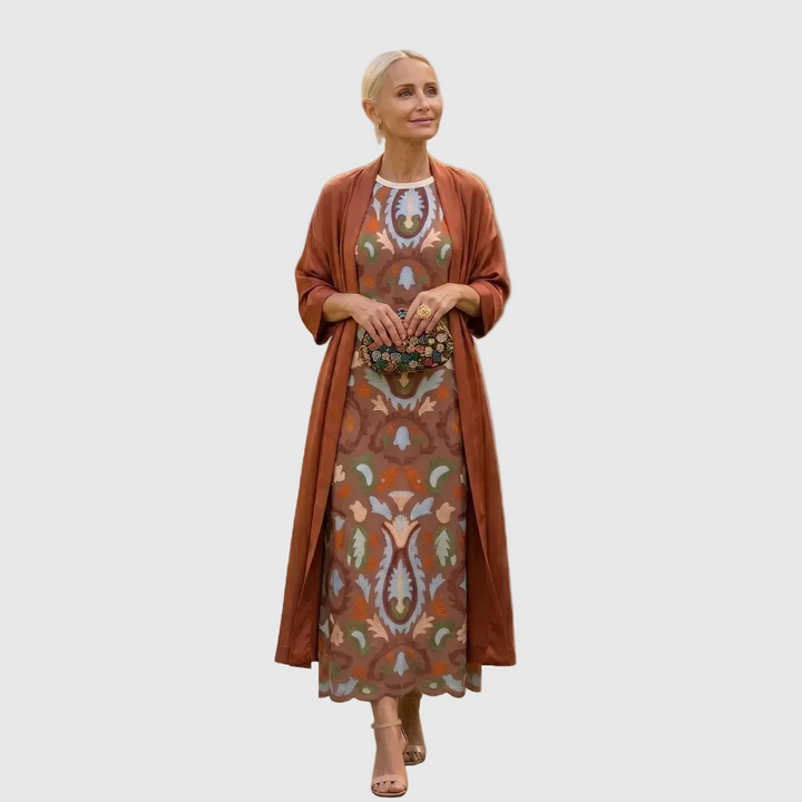 Daniela - Long floral dress with a fitted waistcoat