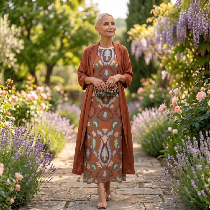 Daniela - Long floral dress with a fitted waistcoat