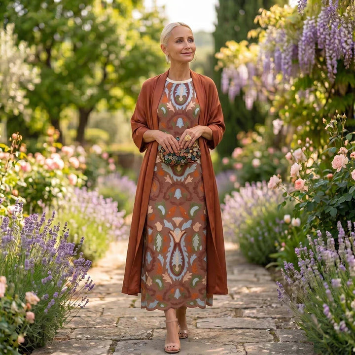 Daniela - Long floral dress with a fitted waistcoat
