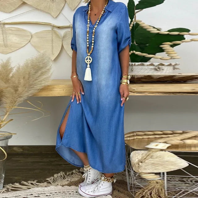 SVEA | Langes Kleid in Jeansoptik mit Seitenschlitz