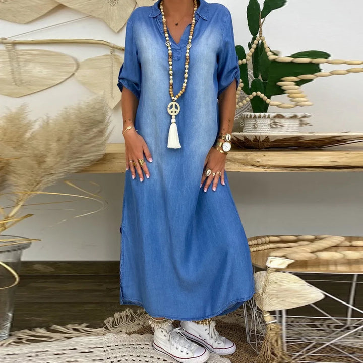 SVEA | Langes Kleid in Jeansoptik mit Seitenschlitz