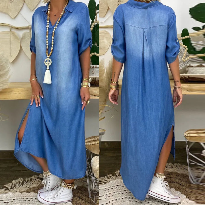 SVEA | Langes Kleid in Jeansoptik mit Seitenschlitz