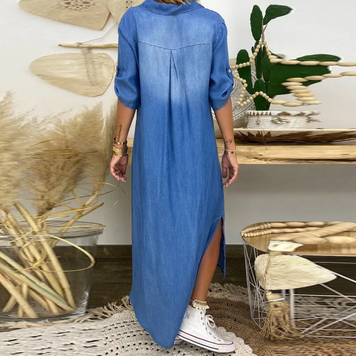SVEA | Langes Kleid in Jeansoptik mit Seitenschlitz