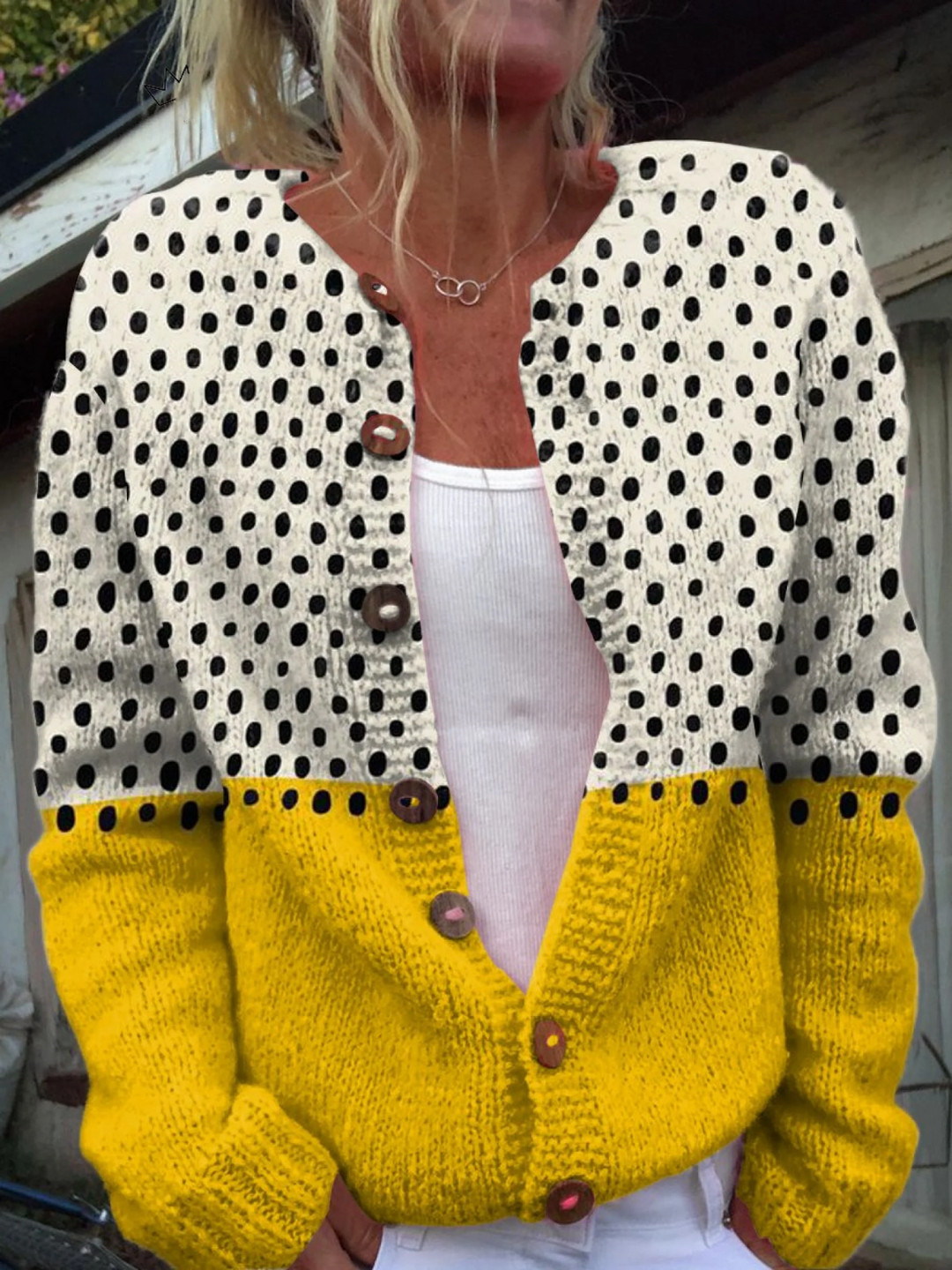 SVEA | Cardigan-Pullover mit Gelbem Geometrischem Polka-Dots-Druck