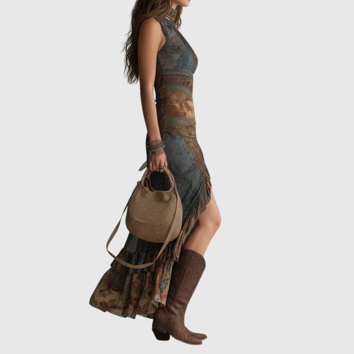 Runa - Ethnic Print One-Shoulder High Slit Maxi Dress