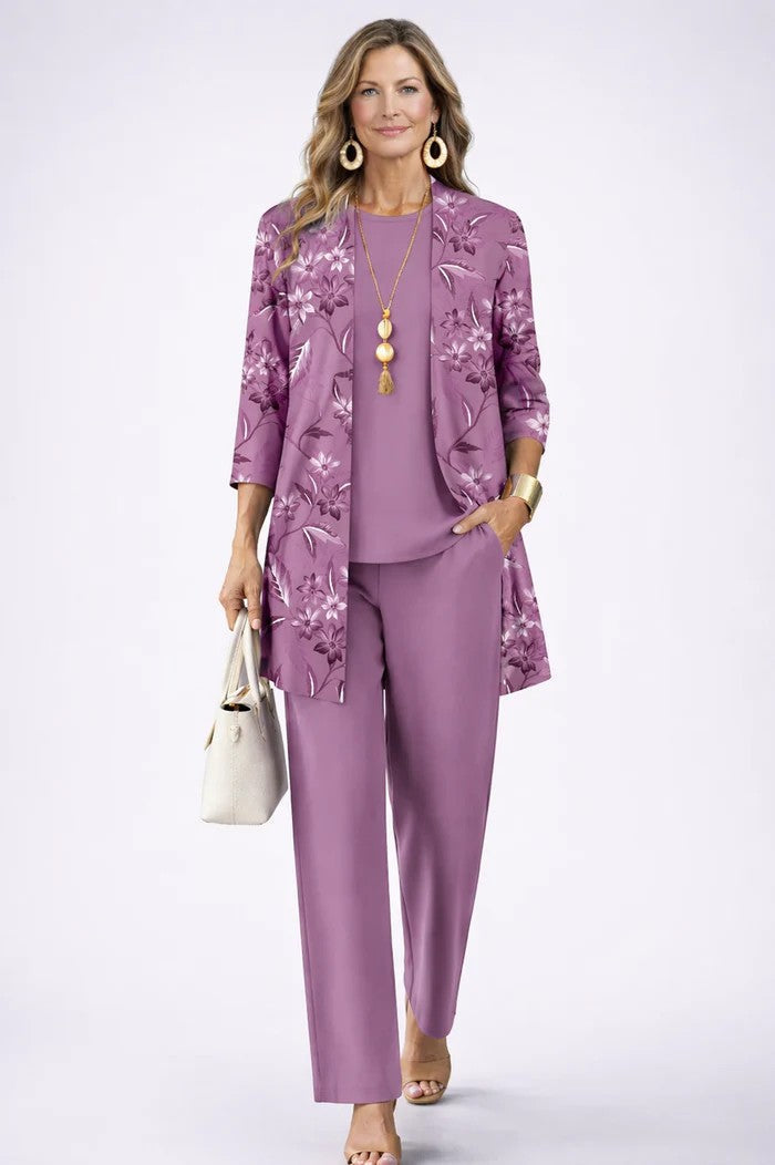 Longline Cardigan Set with Inner Top and Printed Trousers