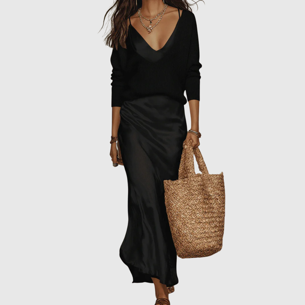 Eleanor – Satin Midi Dress with Matching Knit