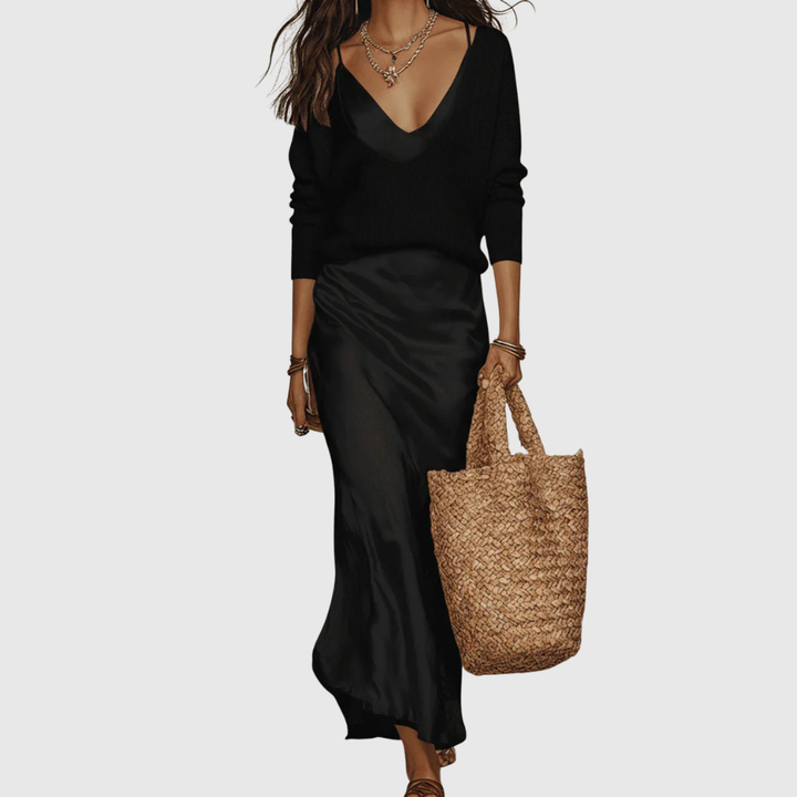 Eleanor – Satin Midi Dress with Matching Knit