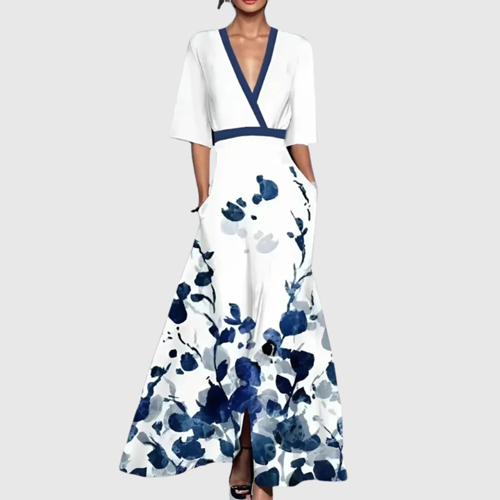 Valentina – Elegant Floral Deep V Maxi Dress