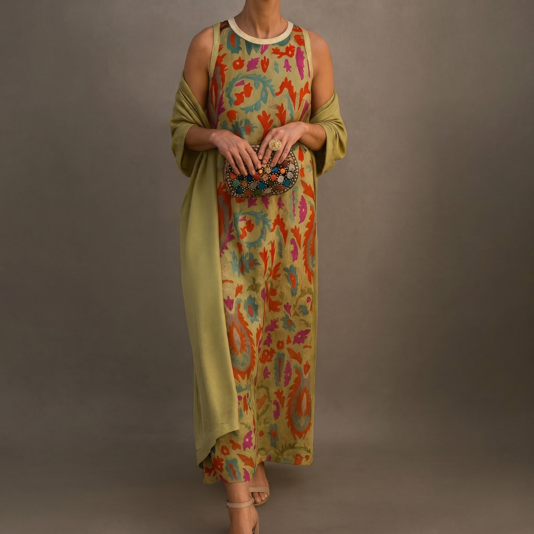 Daniela - Long floral dress with a fitted waistcoat