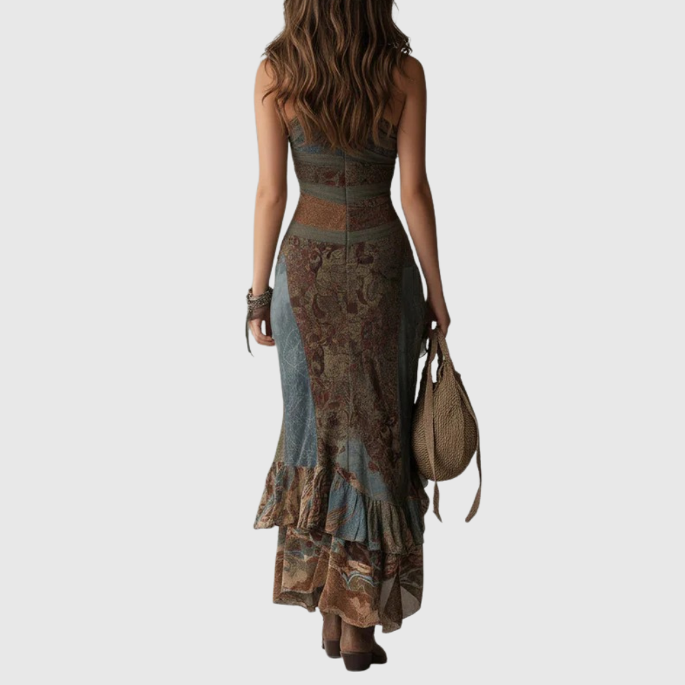 Runa - Ethnic Print One-Shoulder High Slit Maxi Dress