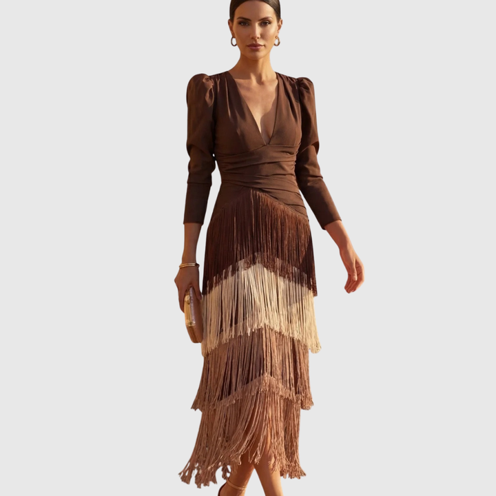 Sophia – Fringed Detail V-Neck Dress