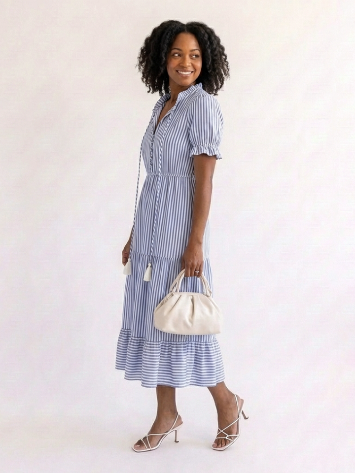 Dakota - Short Sleeve Striped Tiered Midi Dress