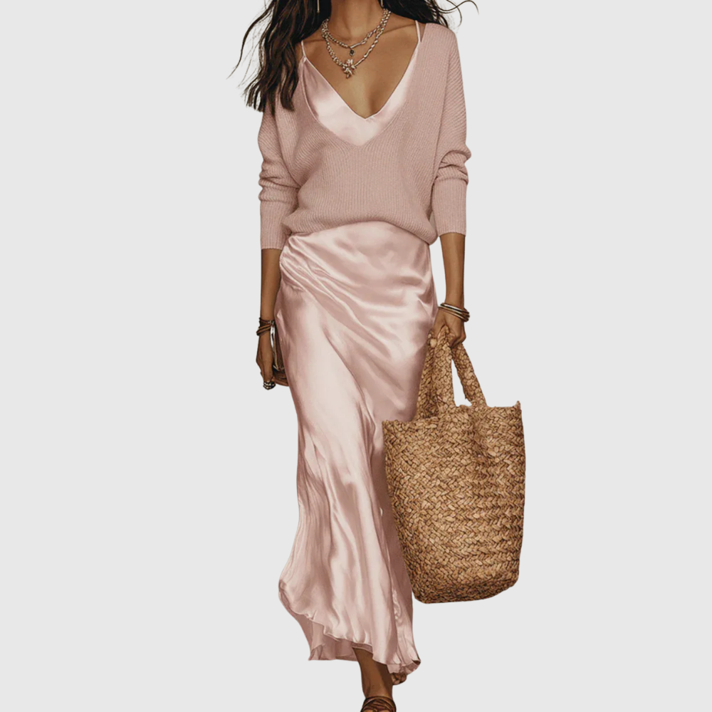 Eleanor – Satin Midi Dress with Matching Knit