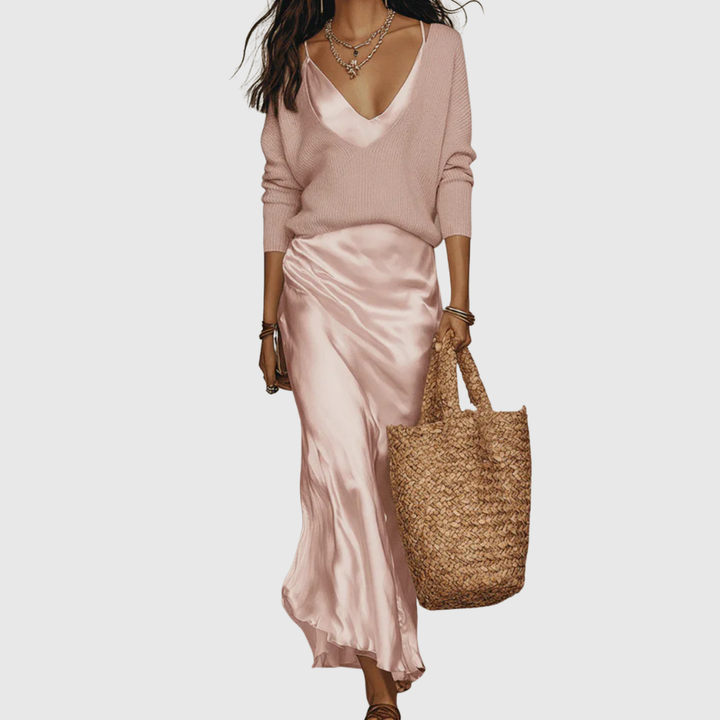 Eleanor – Satin Midi Dress with Matching Knit