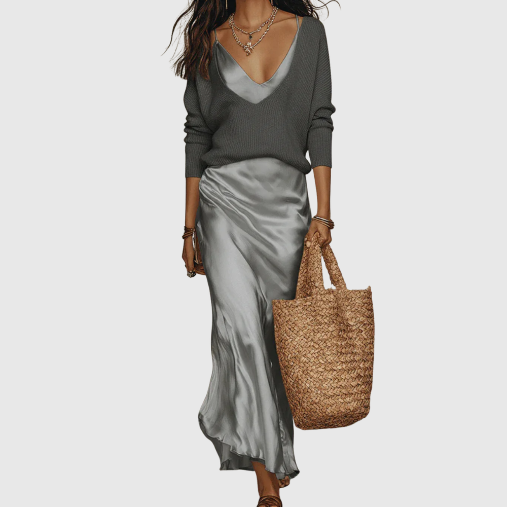 Eleanor – Satin Midi Dress with Matching Knit
