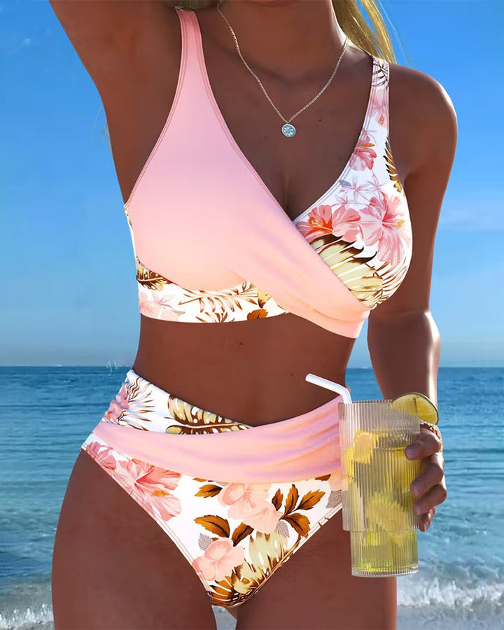 Bikini with Contrasting Floral Pattern and Slit