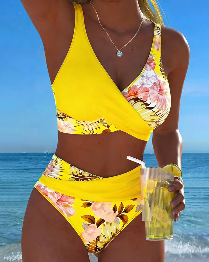 Bikini with Contrasting Floral Pattern and Slit