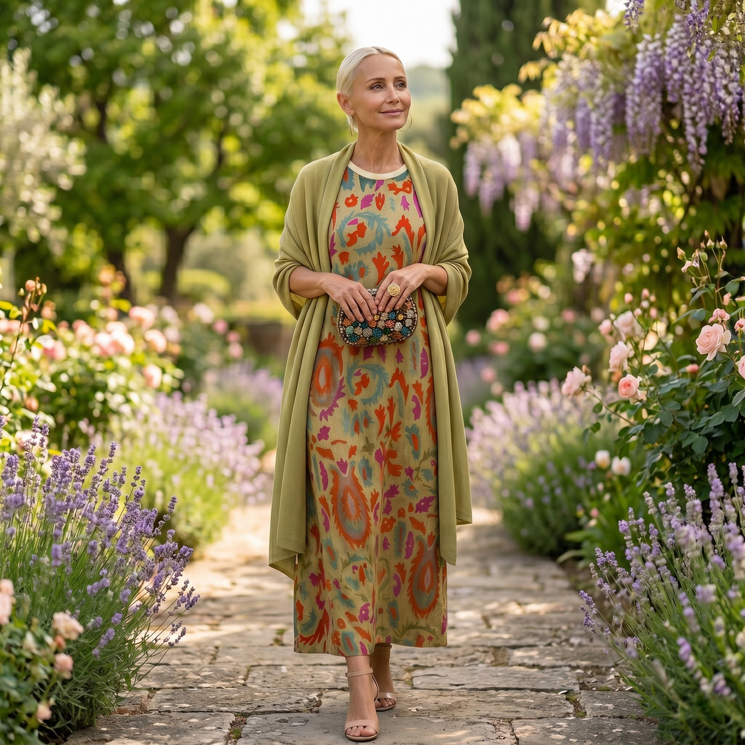 Daniela - Long floral dress with a fitted waistcoat