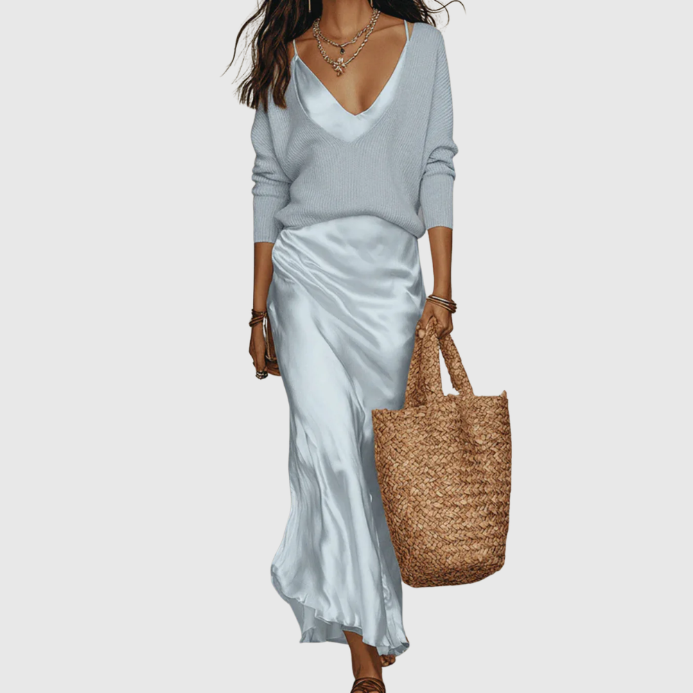 Eleanor – Satin Midi Dress with Matching Knit