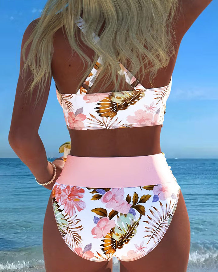 Bikini with Contrasting Floral Pattern and Slit