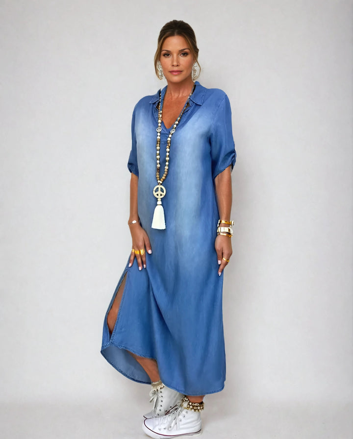 SVEA | Langes Kleid in Jeansoptik mit Seitenschlitz
