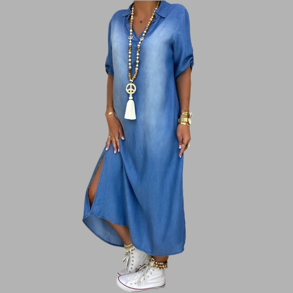 SVEA | Langes Kleid in Jeansoptik mit Seitenschlitz