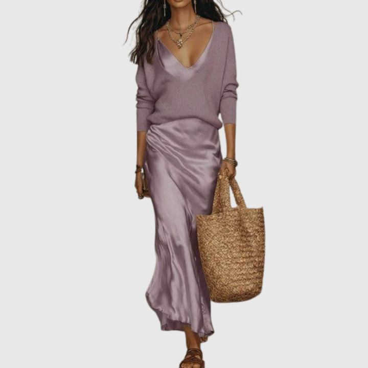 Eleanor – Satin Midi Dress with Matching Knit