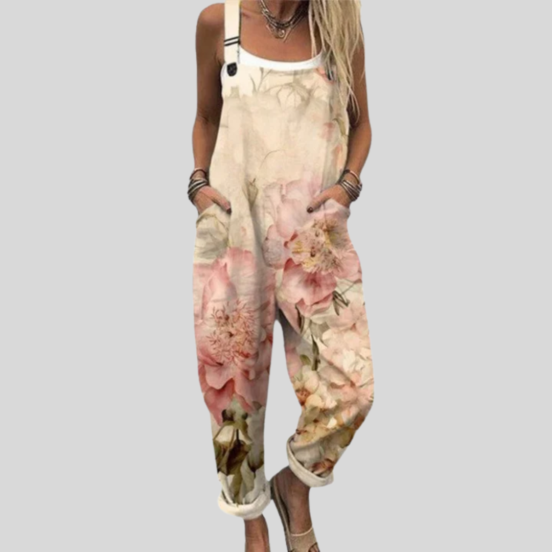 Latzhose mit Aquarell-Rosen Creme