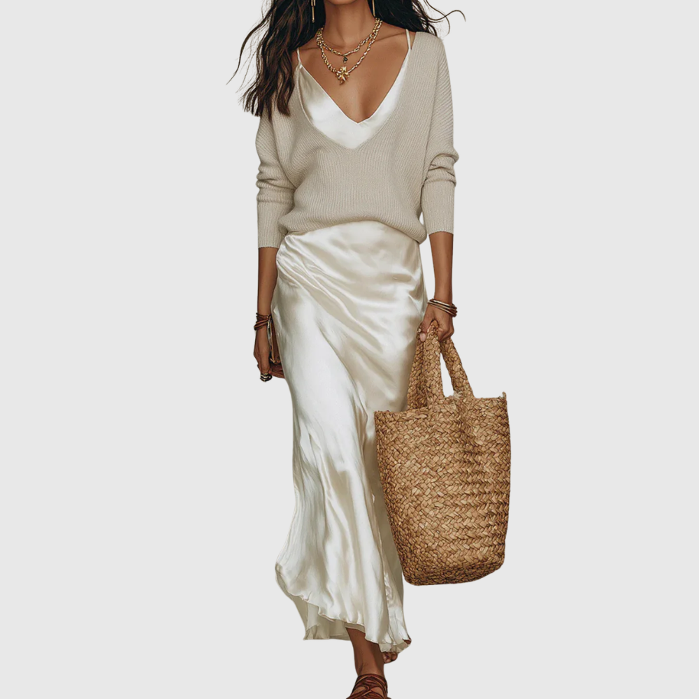 Eleanor – Satin Midi Dress with Matching Knit