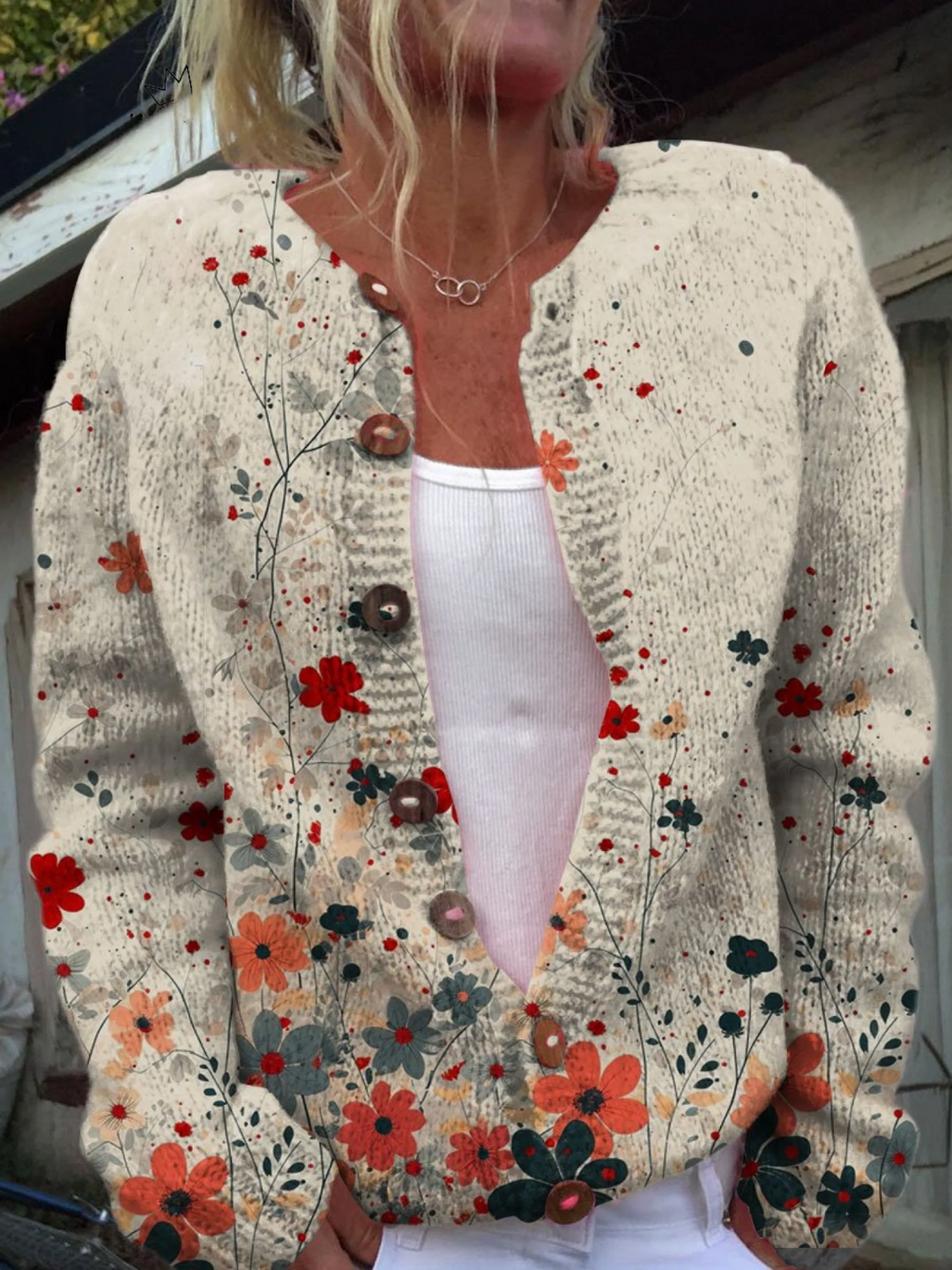 SVEA | Cardigan-Pullover mit Vintage-Blumen-Kunstdruck