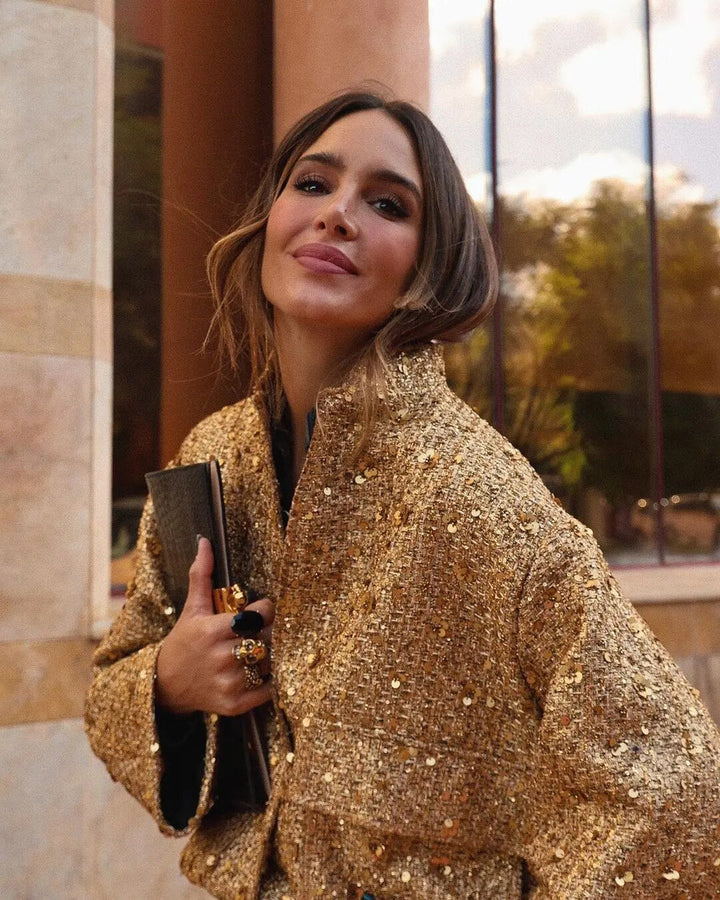 Jane | Sophia Evans Tweed Bomber Jacket with Gold Sequins